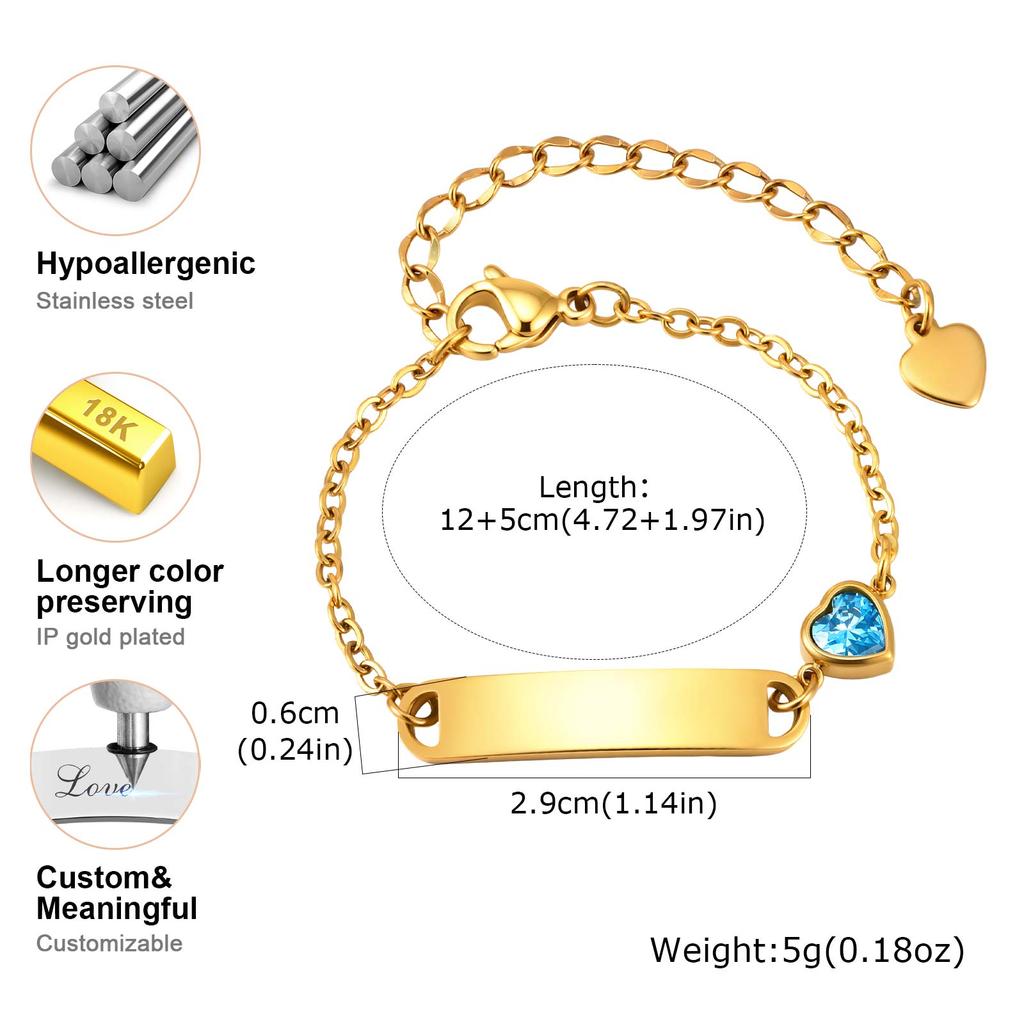 Customized Child ID Bracelet, Personalized Engraved Name Stainless Steel Zircon Heart Bracelets, Not Allergic Jewelry for Girl