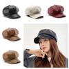 British Vintage PU Beret Cap Keep Warm Black Octagonal Hat Y2k Unisex Plain Hat  Daily