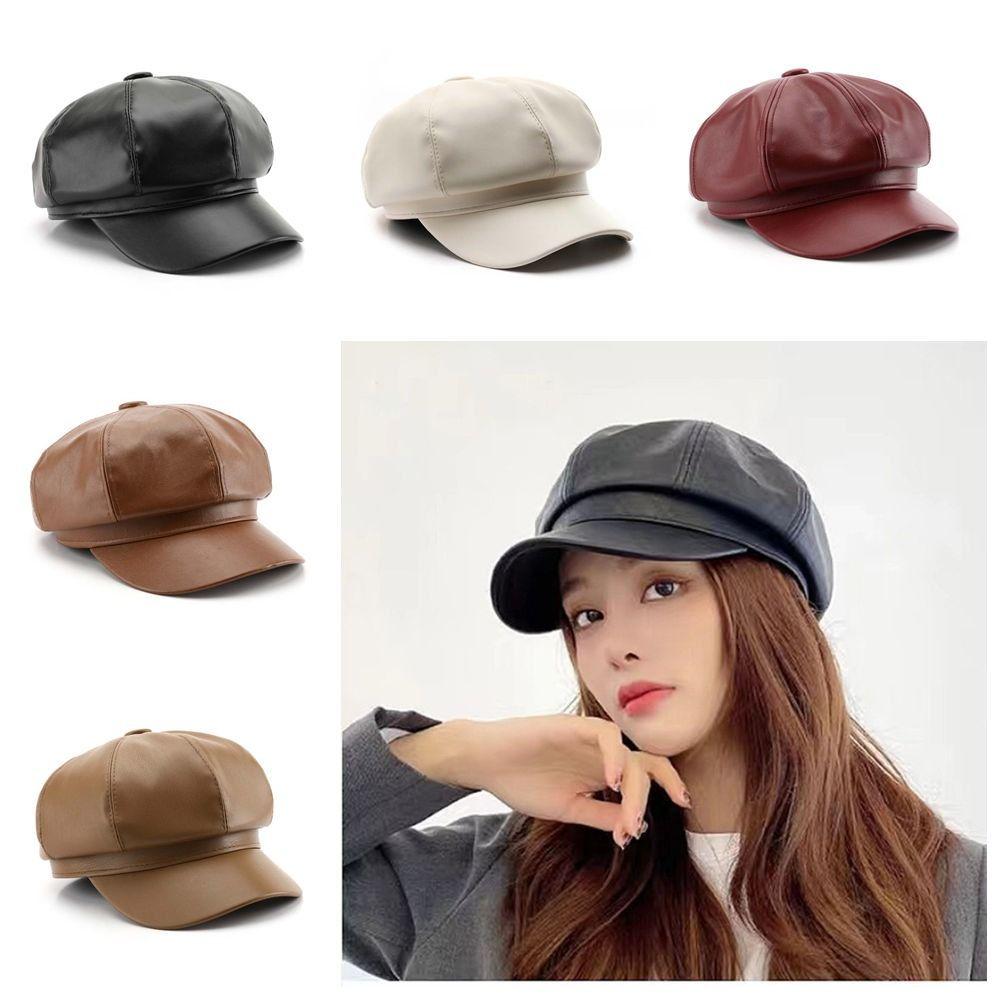 Solid Color Vintage PU Beret Cap British Black Octagonal hat JK Korean Leather Painter Hat  Casual