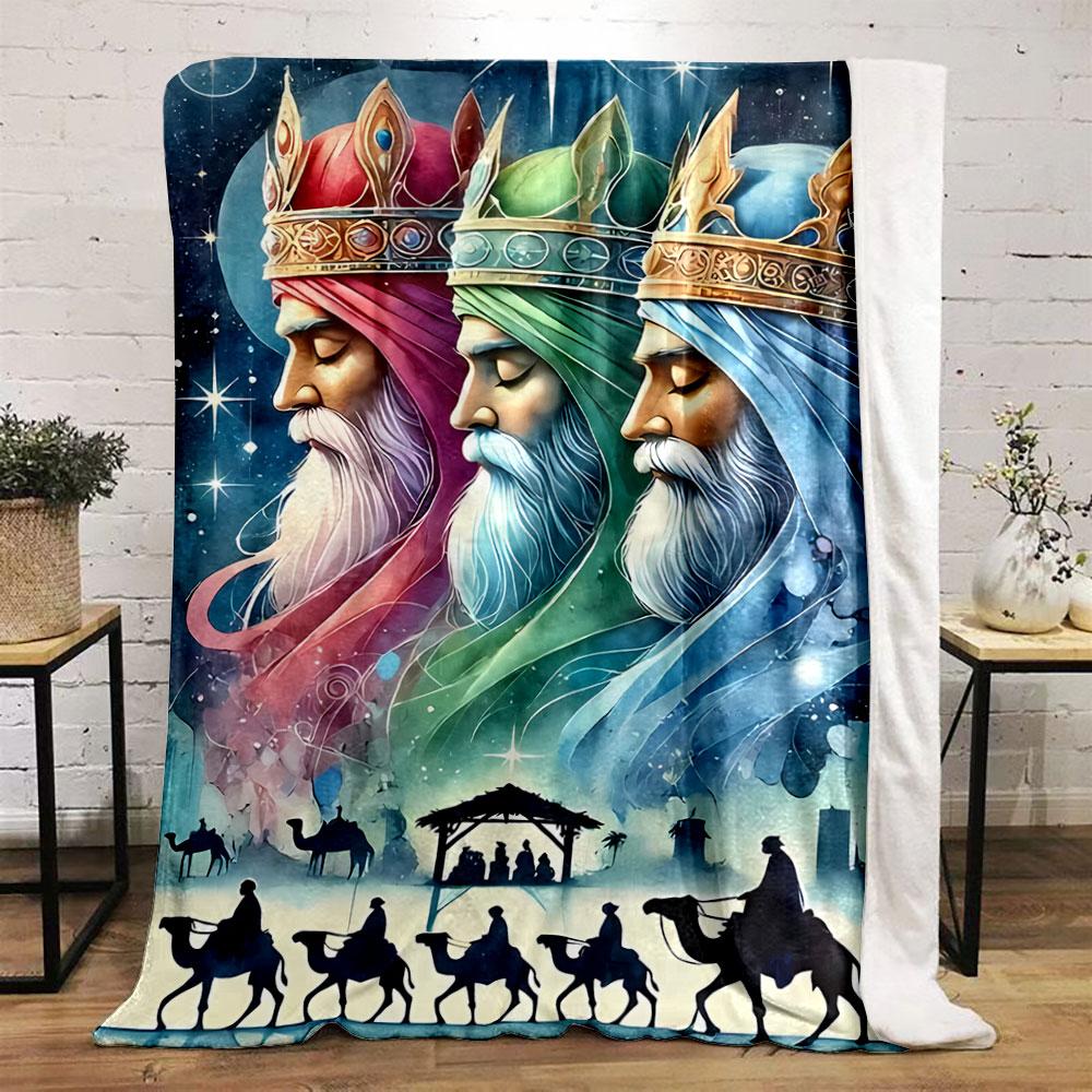 Three crowned figures above a nativity scene with camel riders below. for all seasons blanket lunch break throw gift
