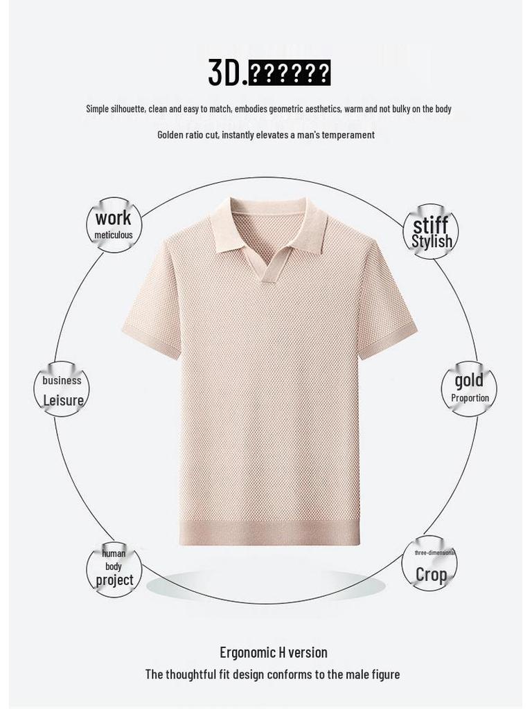 Men's 2025 Summer V-neck Polo - Casual Short Sleeve Pure Cotton Shirt with Pineapple Texture