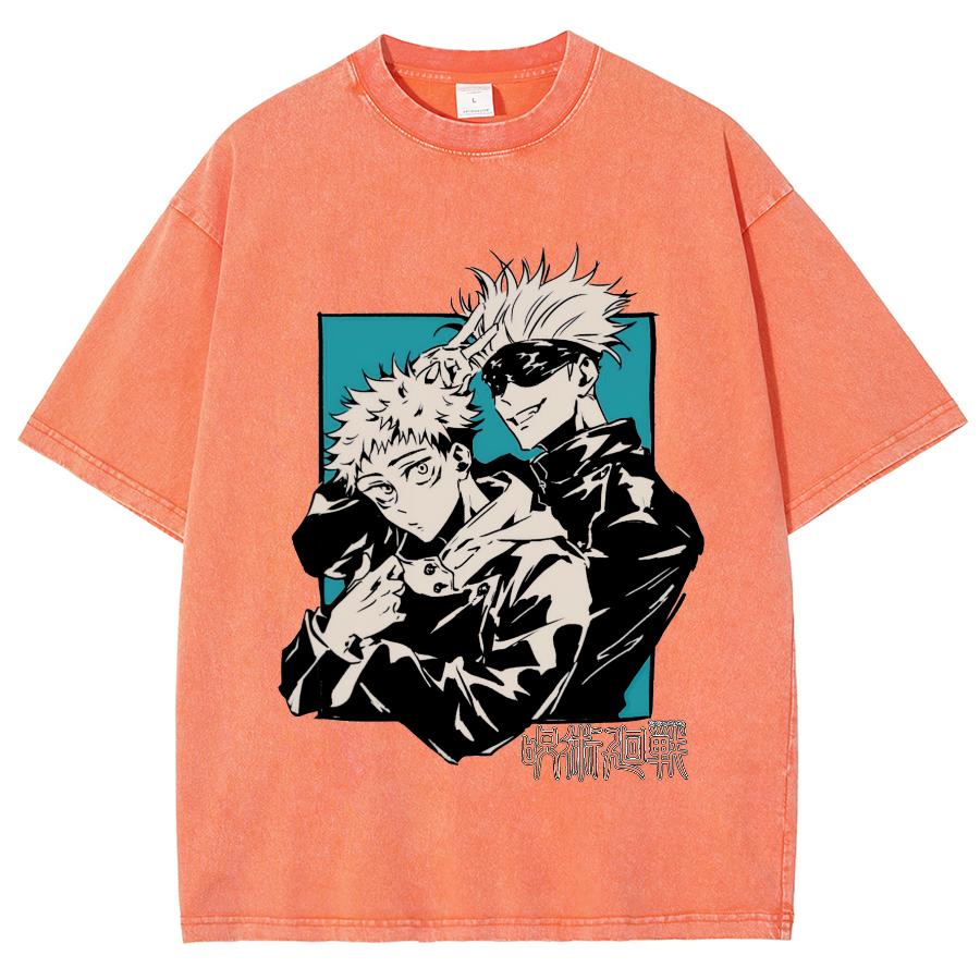 Anime Jujutsu Kaisen Satoru Gojo And Itadori Yuji Print T Shirt Men Women Y2k T-shirts Washed Cotton Tee Harajuku Male Tshirt