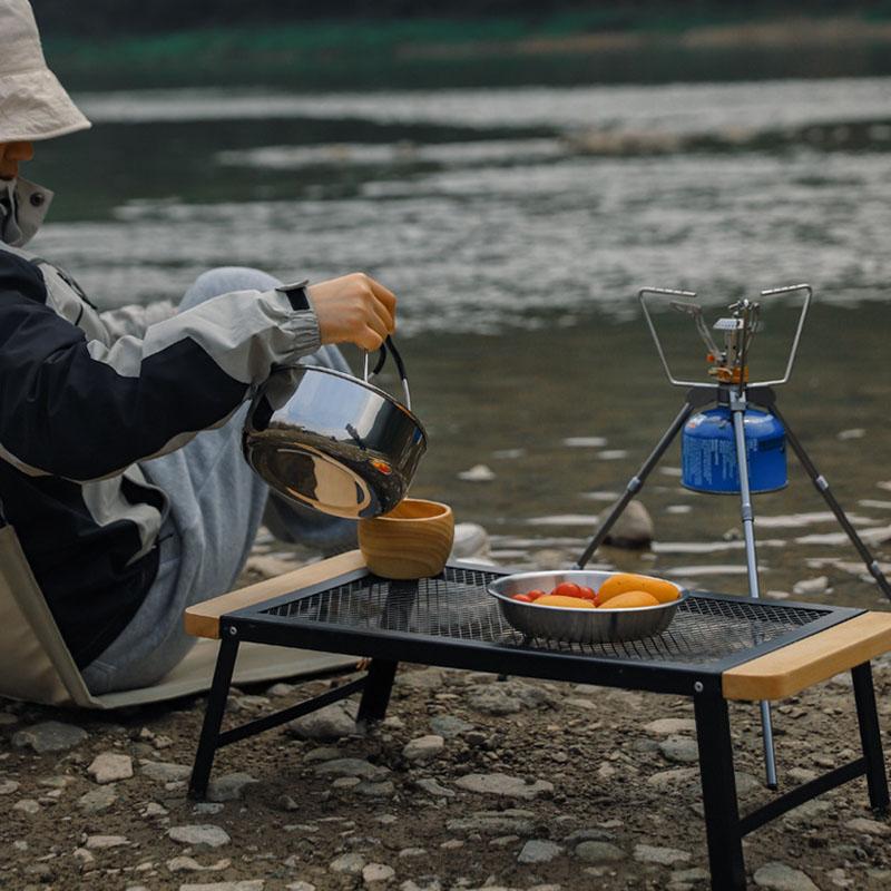 Portable Folding Camping Table with Solid Wood Top and Iron Mesh Surface Heat Resistant Outdoor Picnic Desk Lightweight for Backyard Beach