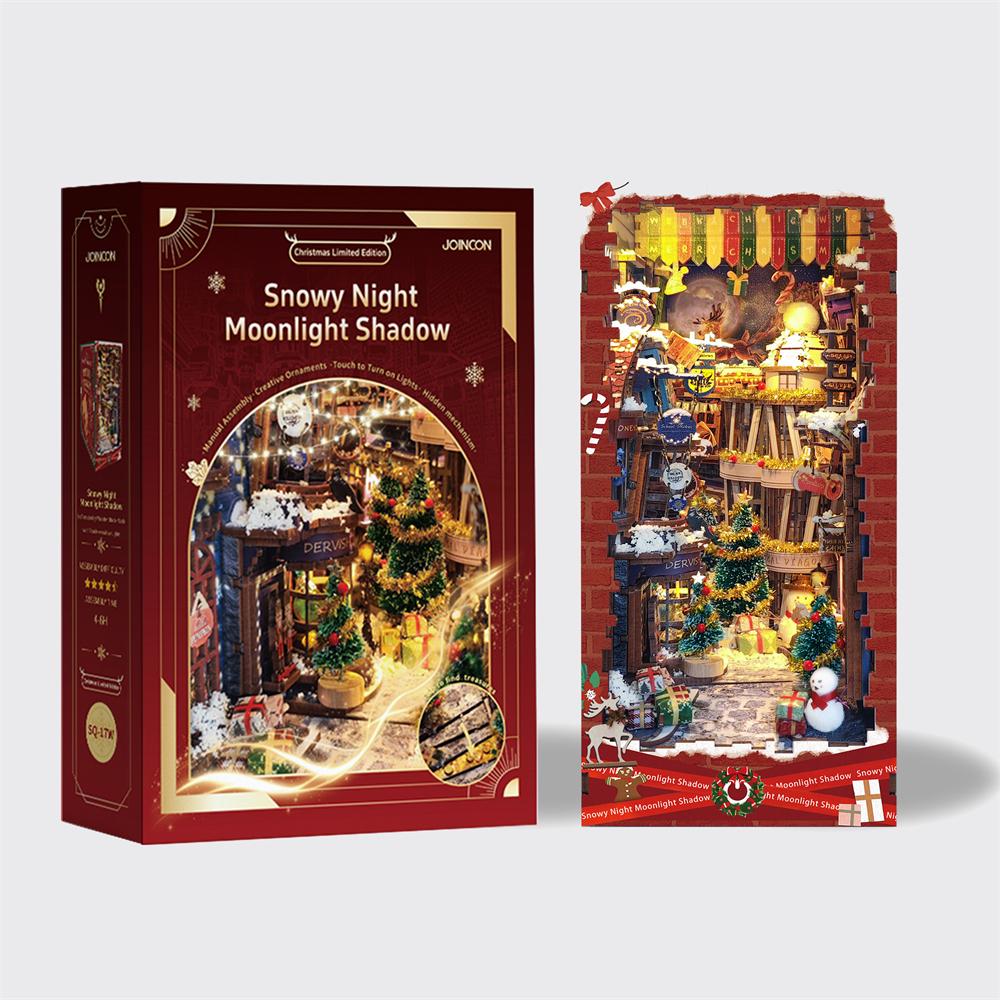 

Christmas DIY Wooden Book Nook Shelf Insert Miniature Kits Snowy Night Moonlight Shadow Bookshelf Home Decor Xmas Handmade Gifts