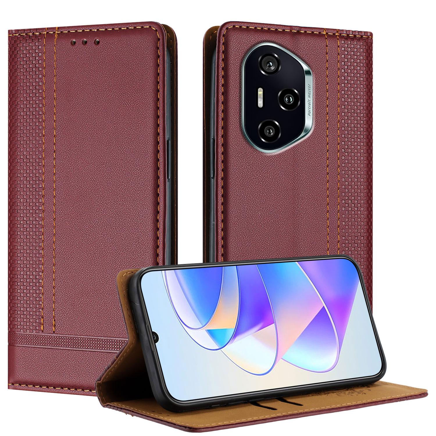 

For Honor 400 Case L-Shaped Grid Pattern Leather Stand Phone Cover with Card Slots Wine Red