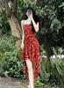 Red floral suspender dress women's new design sense ruffle leaf edge irregular waist smudge suspender skirt