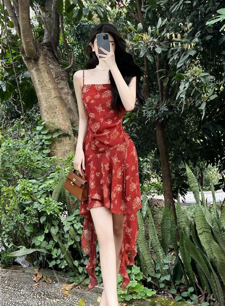 Red floral suspender dress women's new design sense ruffle leaf edge irregular waist smudge suspender skirt