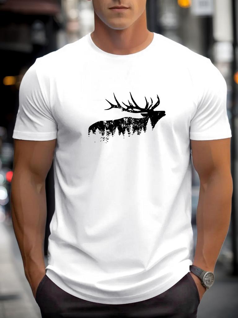 Men's Casual Loose T-shirt, Breathable and Stylish, Short-sleeve Round Neck with Moose Graphic Print