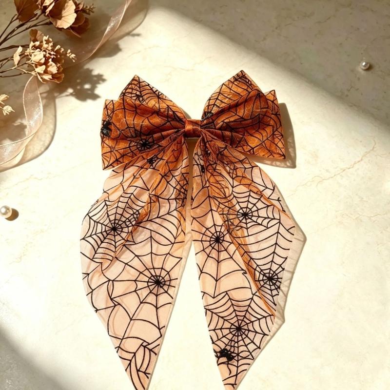 Oversized Halloween Hair Bows with Mesh Layers and Long Ribbon Tails, 2Piece Mesh Bowknot Clip for Women Costume Photo Styling