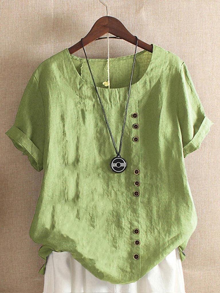 2024 Women's European & American Fashion Short Sleeve Casual Cotton Linen Top with Button Detail