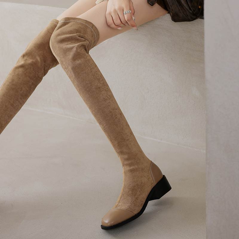 Krazing Pot Flock Autumn Winter Shoes Thick Heels Size 43 Long Boots Apricot Patch Work Stretch Over-the-knee Boots