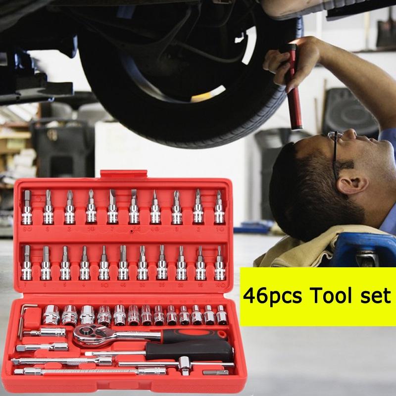 46 Piece 1/4 Drive Socket Ratchet Wrench Set - Car Repair Tool Kit With Case, Metric, Alloy/Chrome Vanadium Steel