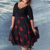 Sukienka Plus Size Dekolt V A-linia Podwójny Dół Rękawy do połowy Długości Nadruk w Kwiaty Sukienka Midi na Bal Wieczorowa