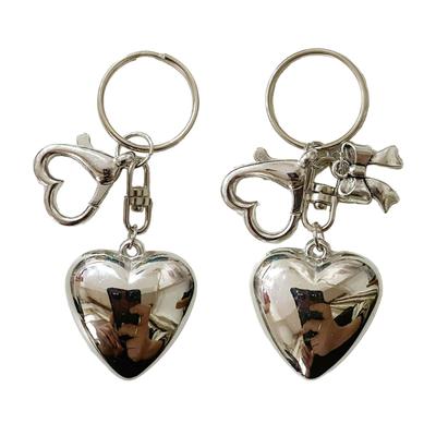 Sweet Bowknot Big Heart Pendant Keyring Silver Color Charm Keychain Decoration