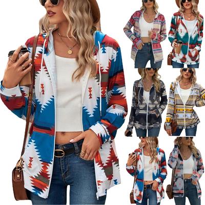 Ladies Casual Autumn Printed Hooded Jacket Versatile Fashion Ladies Zipper Cardigan