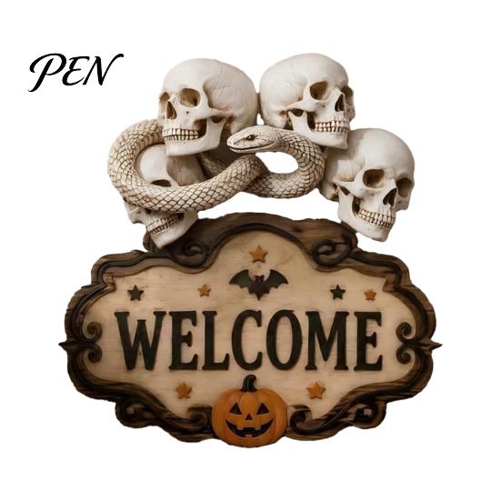 Outdoor Party Decorations Halloween Wooden Welcome Sign, Spooky Skull Frog Crow Witch Door Hanger, Hanging Plaque 2D Wall Sign for Home Decor Creative