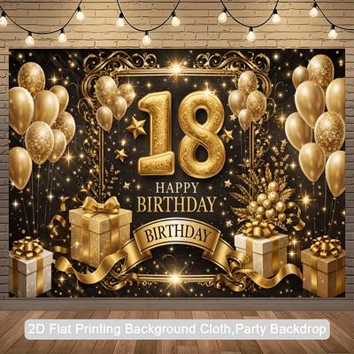 Sfondo 2D Oro Nero Glitterato per 18° Compleanno con Nastri e Stelle