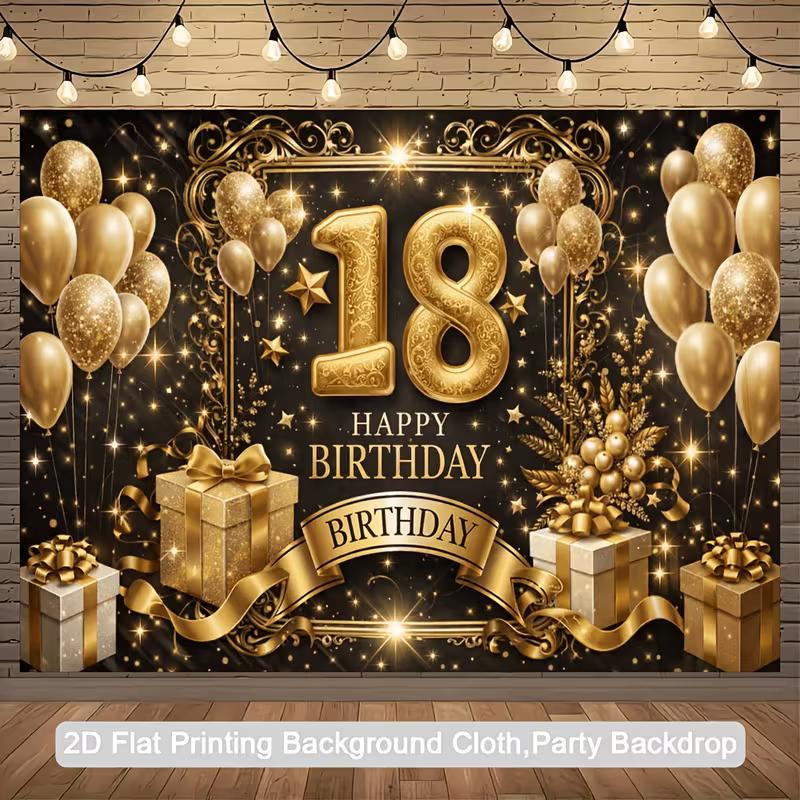 2D Black Gold Glitter 18th Birthday Backdrop with Ribbons and Stars 47.2x31.5inch/120*80cm
