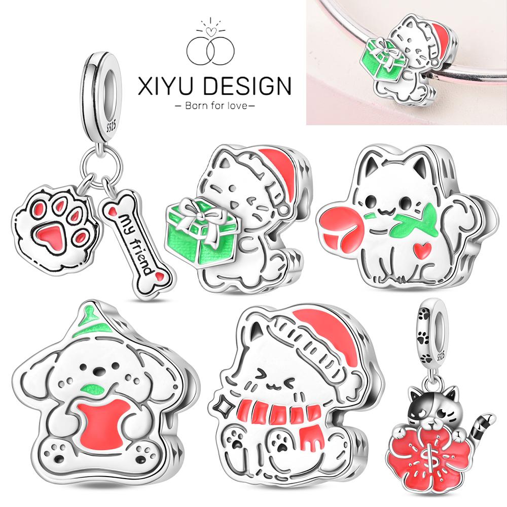 Cute Pet Series Hand Drawn Style Kitten Charm Eat Fruit Bead Fit Diy Copper Bracelet Necklace Women Anniversary Jewelry Gift