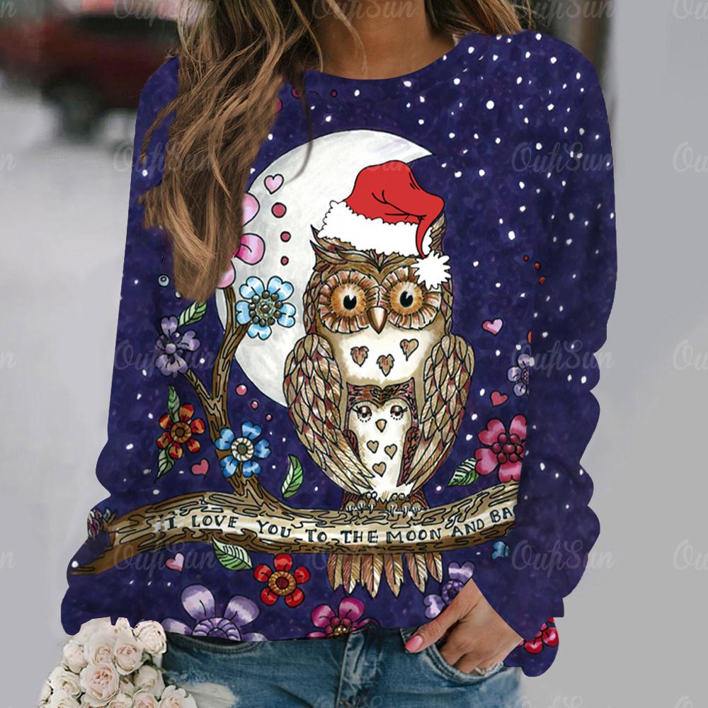 Cartoon Owl Pattern Cotton T-Shirt For Women Christmas Style Long Sleeve Tops Autumn O Neck Oversized Pullover Harajuku Sweater