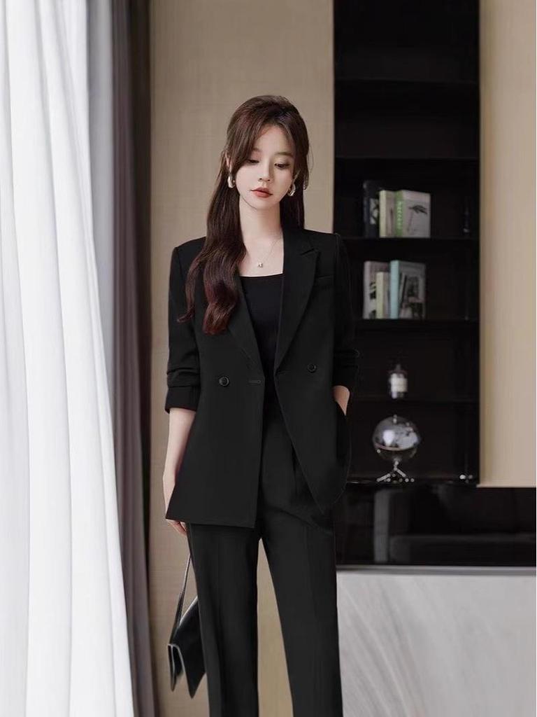 Women's Spring & Autumn Influencer Black Suit: Elegant Goddess Style High-End Professional Blazer Two-Piece Set