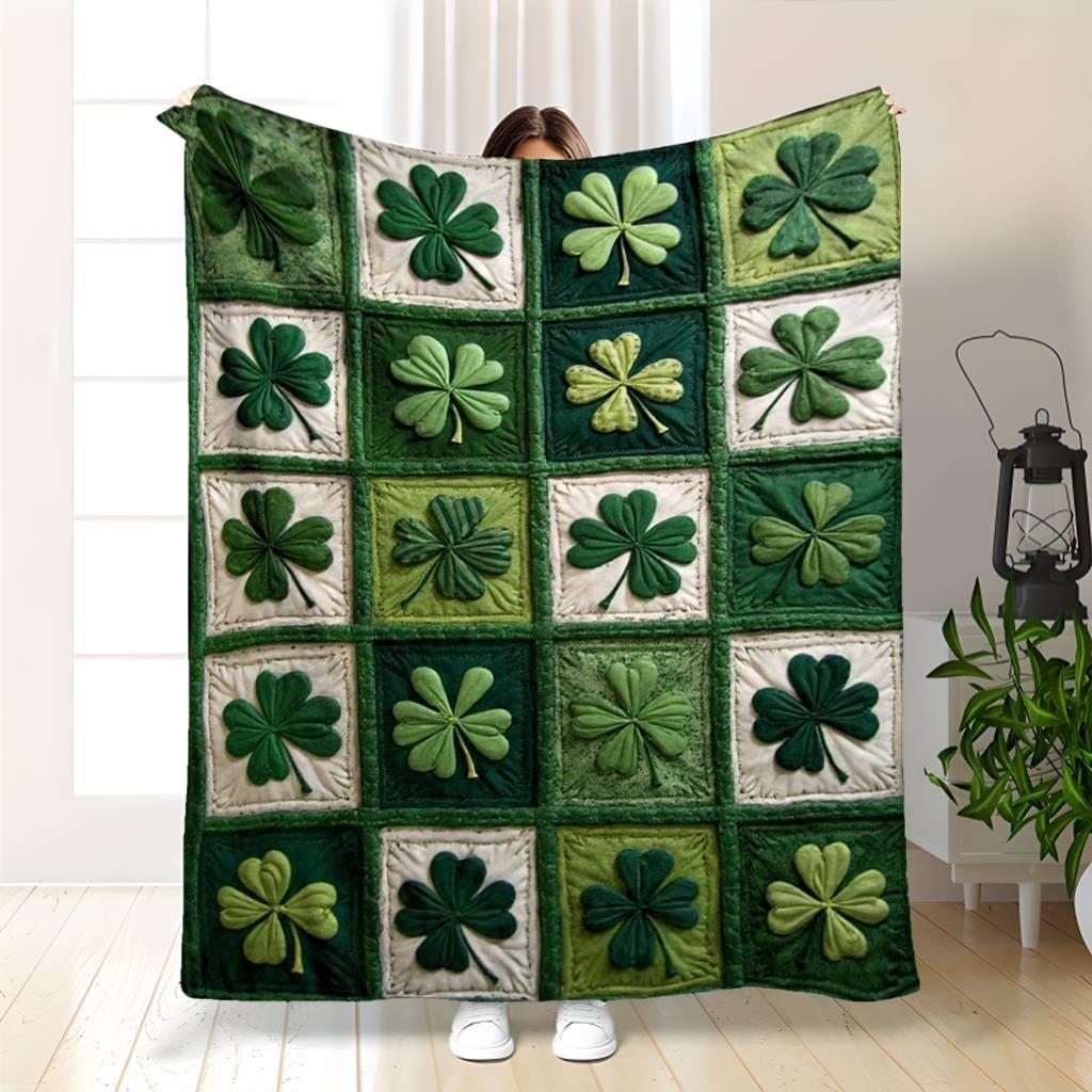 

Throw Blanket | Green & Golden Clover Pattern with Daisies, Soft Flannel Cozy Bedspread, St. Patrick S Day Decor for Couch, B 75x90cm