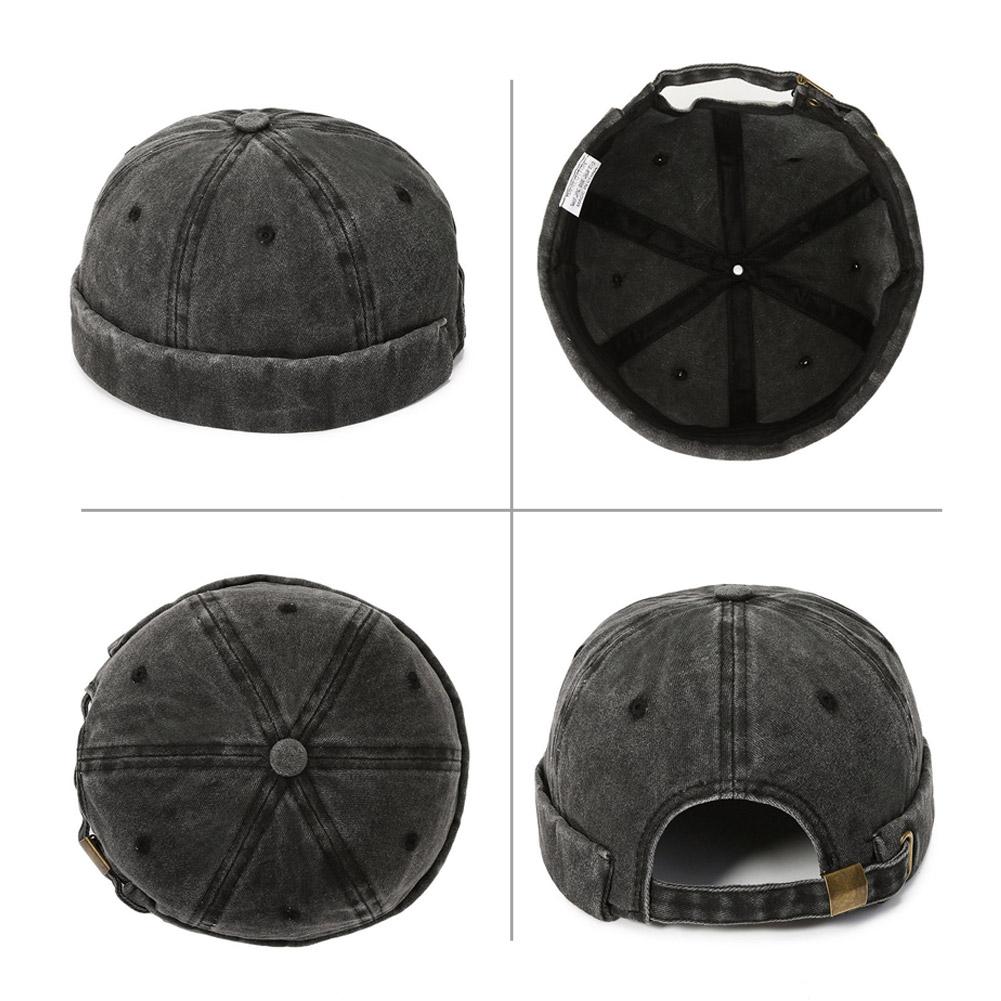 Retro Washed Cotton Brimless Hats for Men Vintage Docker Beanie Cap Rolled Cuff Skullcap Solid Color Adjustable Buckle Dad Hat