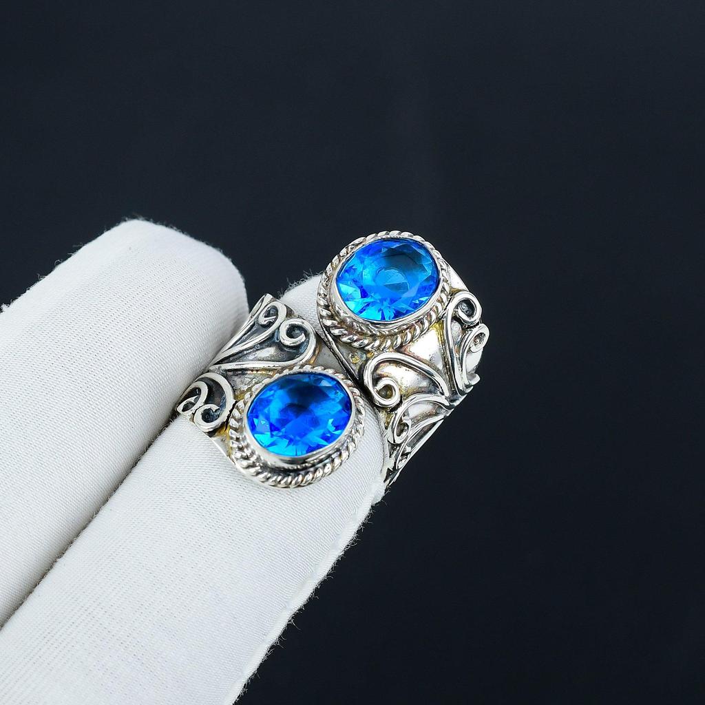 Blue Topaz Adjustable 925 Sterling Silver Ring - Fits US Sizes 6 To 10 - Blue Topaz Antique Handmade Boho Jewelry for Women & Men, Valentine Gifts