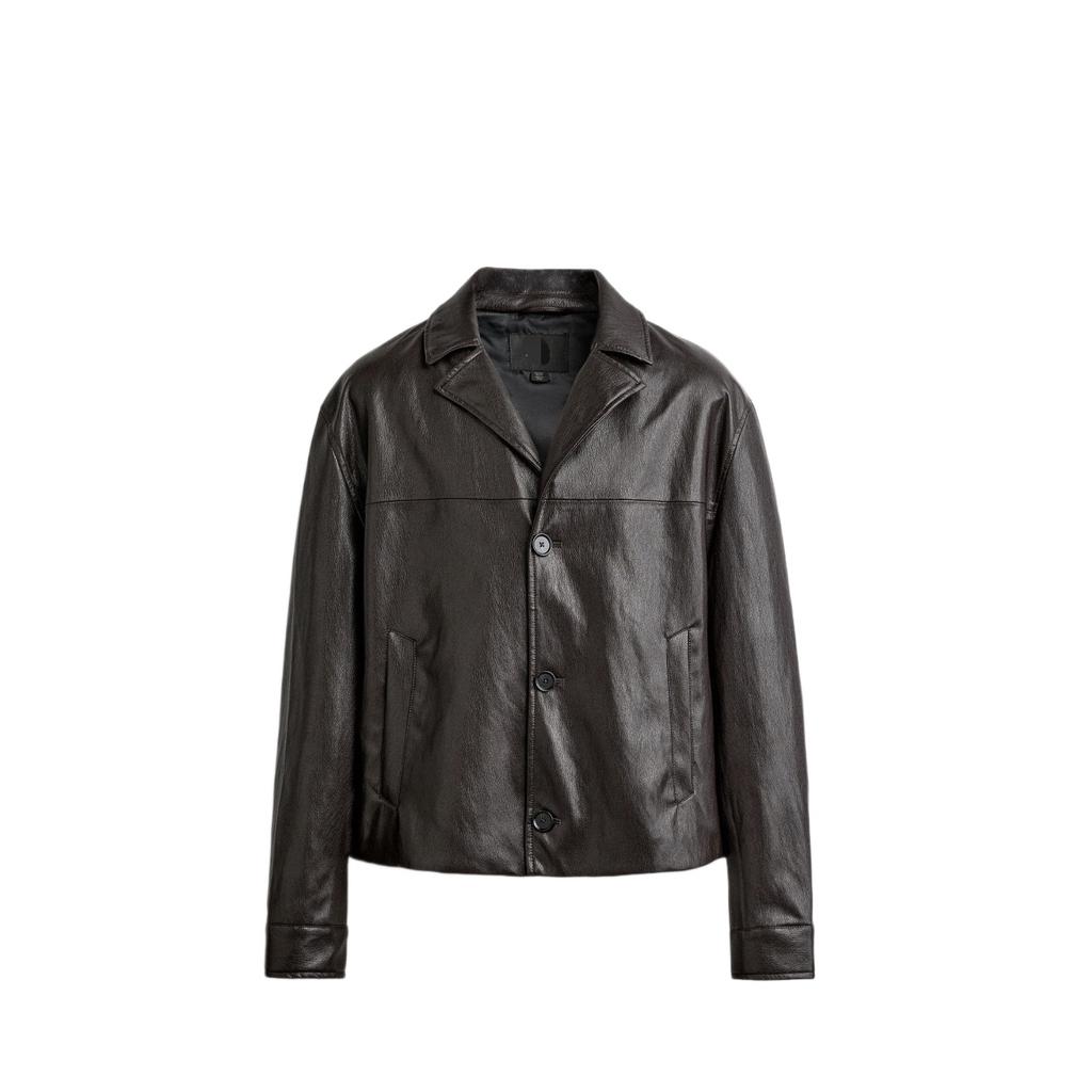Men's lapel leather jacket, black minimalist short coat/retro tooling leather jacket men