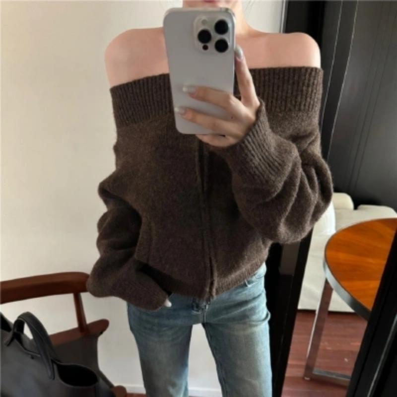 New Off-shoulder Elegant Long Sleeve Zipper Sweater Fashion Simple Autumn Women Cardigan Loose Knitwear Top Casual Sexy Slim Casual Knitted Clothes