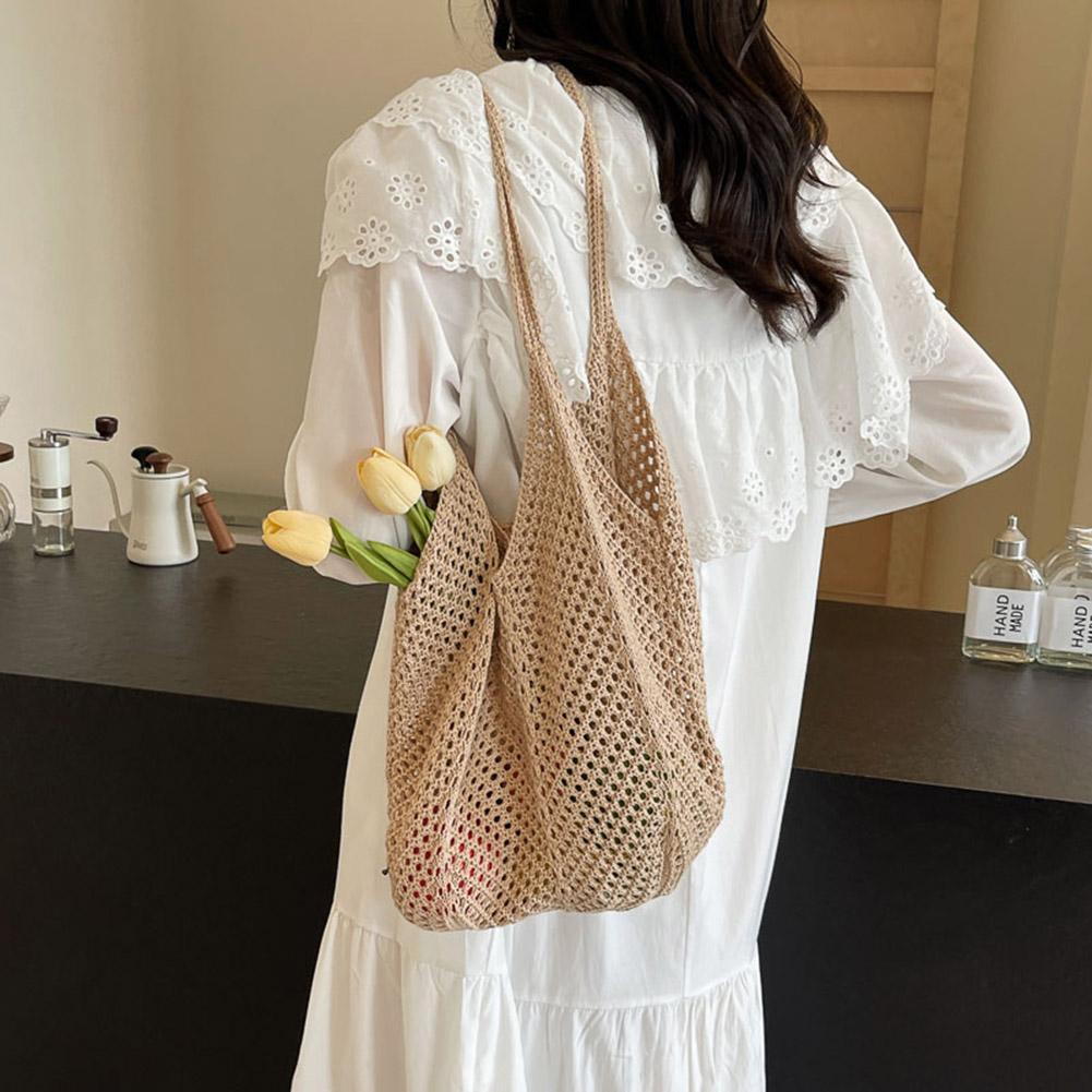 Retro Hand Knitted Shoulder Bag Fashion Women's Hollow Woven Handbag Large Capacity Solid Crochet Tote Bag Summer Mesh Beach Bag