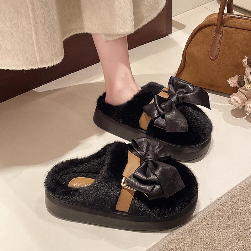 Fairy Wind Bow Slippers Female 2025 Autumn and Winter Fashion Girl Heart Indoor Warm Ins Plush Cotton Slippers
