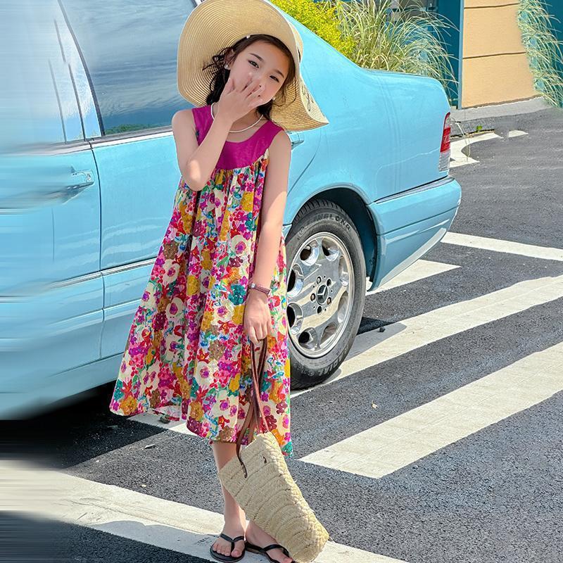 Girls Summer Sweet Floral Fake Two Piece Princess Dress Fashionable Big Kids Skirt