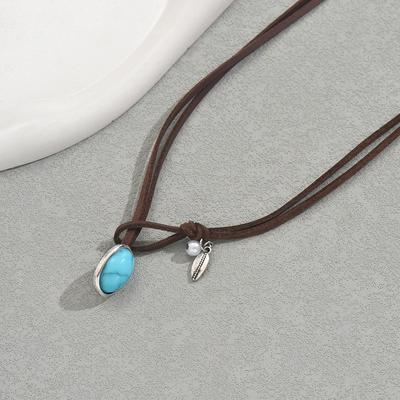 Wind Ladies Long Necklace Vintage Double Leather Design Inlaid Turquoise Clavicle Chain Geometric Necklace Women