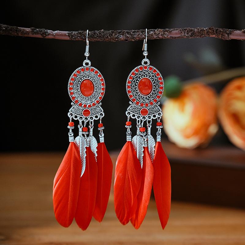 Bohemian Ethnic Long Drop Feather Earrings For Women Beads Handmade Enamel Boho Dangle Earrings Silver Color Jewelry Pendientes