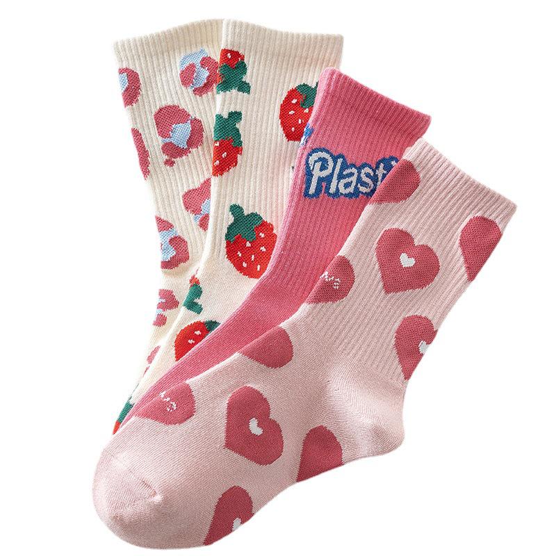Trendy Unisex Pink Heart Mid-Calf Socks - Sweet, Fashionable, and Versatile Cotton for Spring and Autumn
