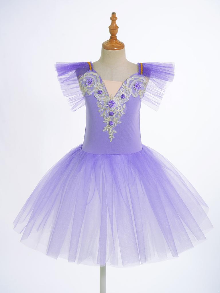 Girls Princess Tutu Dress with Flying Sleeves & Lace Flower Decor, Adjustable Spaghetti Straps, Mesh Skirt + Headdress for Dance Party