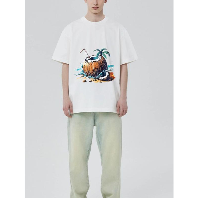 Rundhalsshirt Schwarz Kokosnuss-Cocktail mit Palme und Strohhalm Sommer Strandurlaub Kleidung