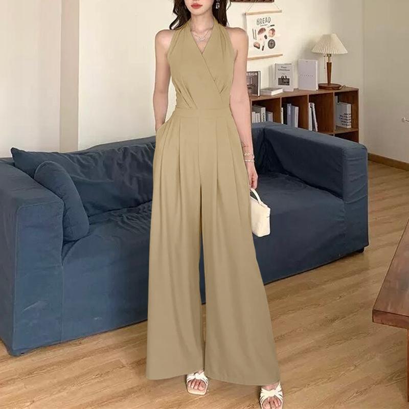 ZANZEA Women Elegant V-Neck Casual Sleeveless Wide Leg Jumpsuits M хаки