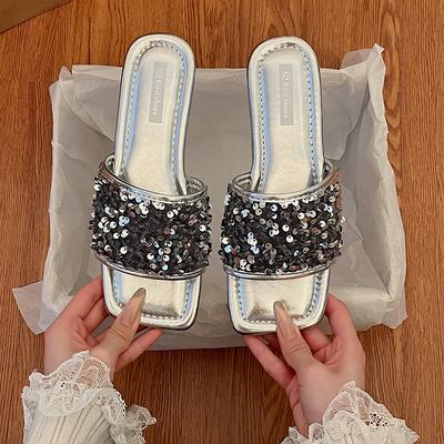 Popular French Rhinestone Fairy Shoes One-Flip Flat Heel Sandals Out Black Summer Sequins Slippers Woman