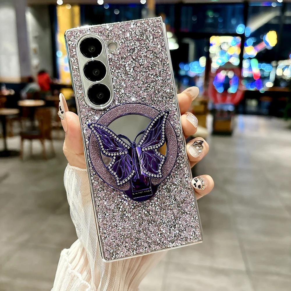 

Luxury Hard PC Electroplated Frame Phone Case for Samsung Galaxy Z Fold 7 6 5 4 with Butterfly Makeup Mirror Bracket Back Cover Galaxy Z Fold7
