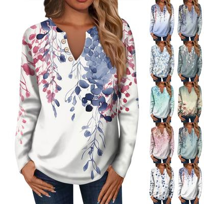 Women's Fashion Casual V-Neck Long Sleeve Loose  Printed T-Shirt Ladies Top With Decorative Buttons