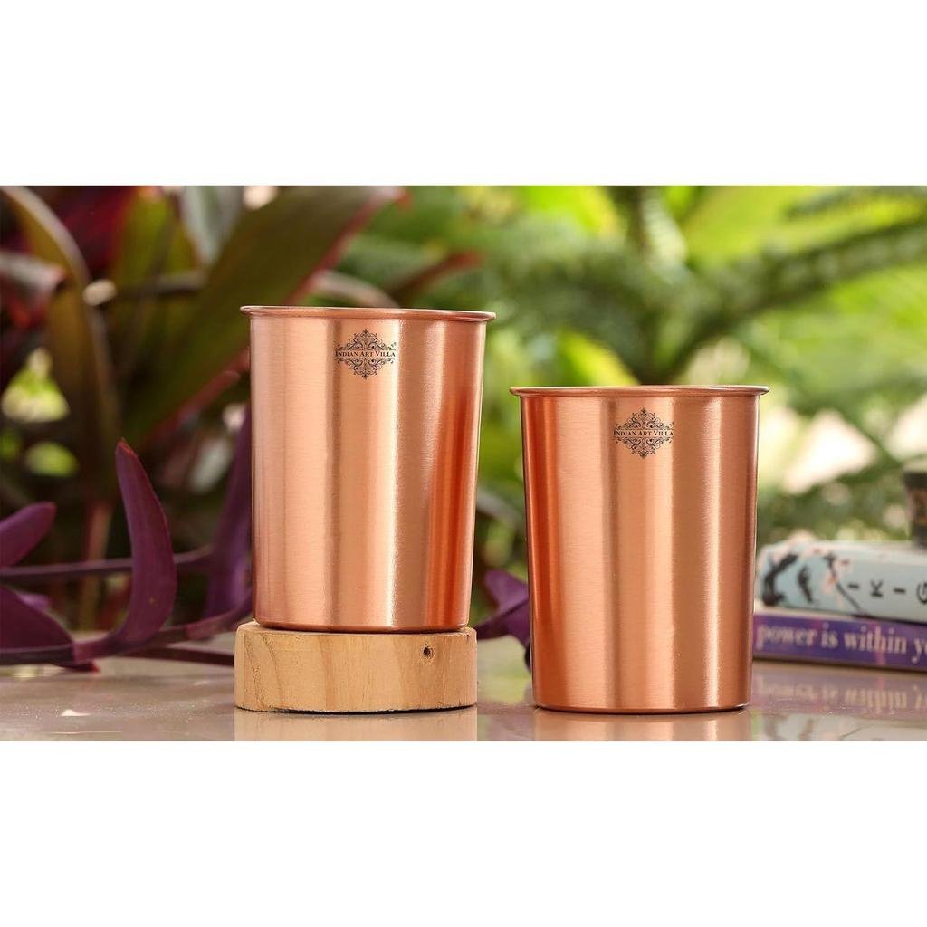 Pure Copper Plain Lacquer Coated Glass - Durable Ayurvedic Drinkware for Water, Health Benefits, Stylish Tableware for Home & Office, Set of 2
