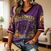 Women's Halloween Print V-Neck T-Shirt, Short Sleeve Casual Pullover Top for Everyday Wear