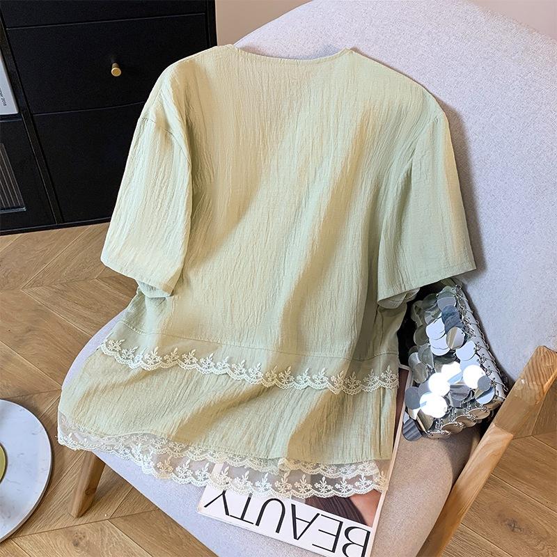 Premium versatile lace splicing short-sleeved top women's 2025 summer new solid color short-sleeved shirt