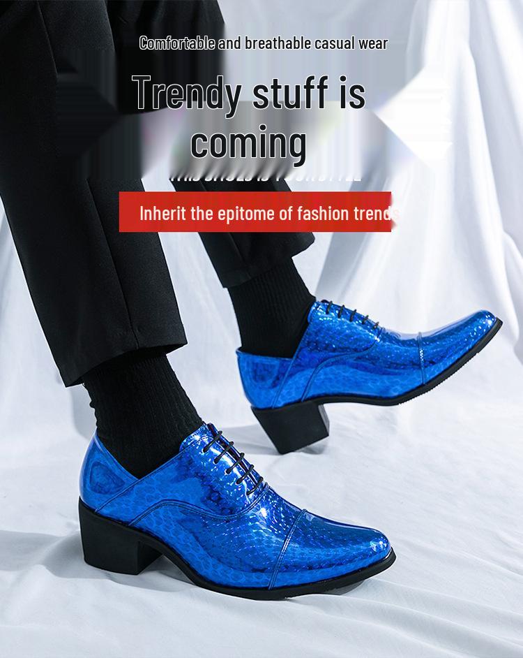 Men's Glossy Leather High Heel Shoes, Large Size, 6cm Height Increase, Trendy Nightclub Style for Spring and Autumn