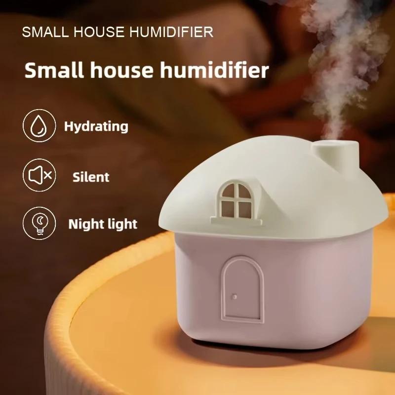 Nový přenosný kreativní domácí zvlhčovač vzduchu ve tvaru domu vybavený barevným ambientním osvětlením, bezdrátový difuzér