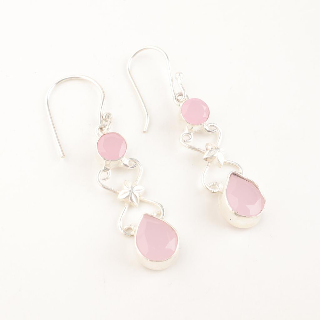 Natural Rose Chalcedony Gemstone 925 Stamped Silver Jewelry Handmade Earrings 2" EE-156-16
