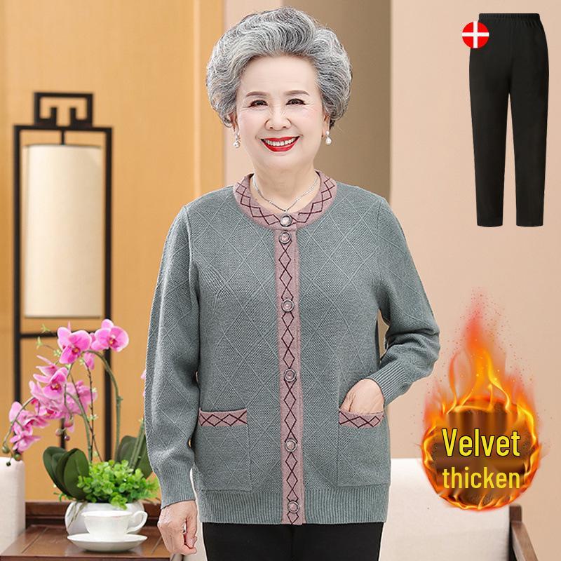 Women's Fleece-Lined Knitted Cardigan for Autumn/Winter - Ideal for Middle-Aged and Elderly.
