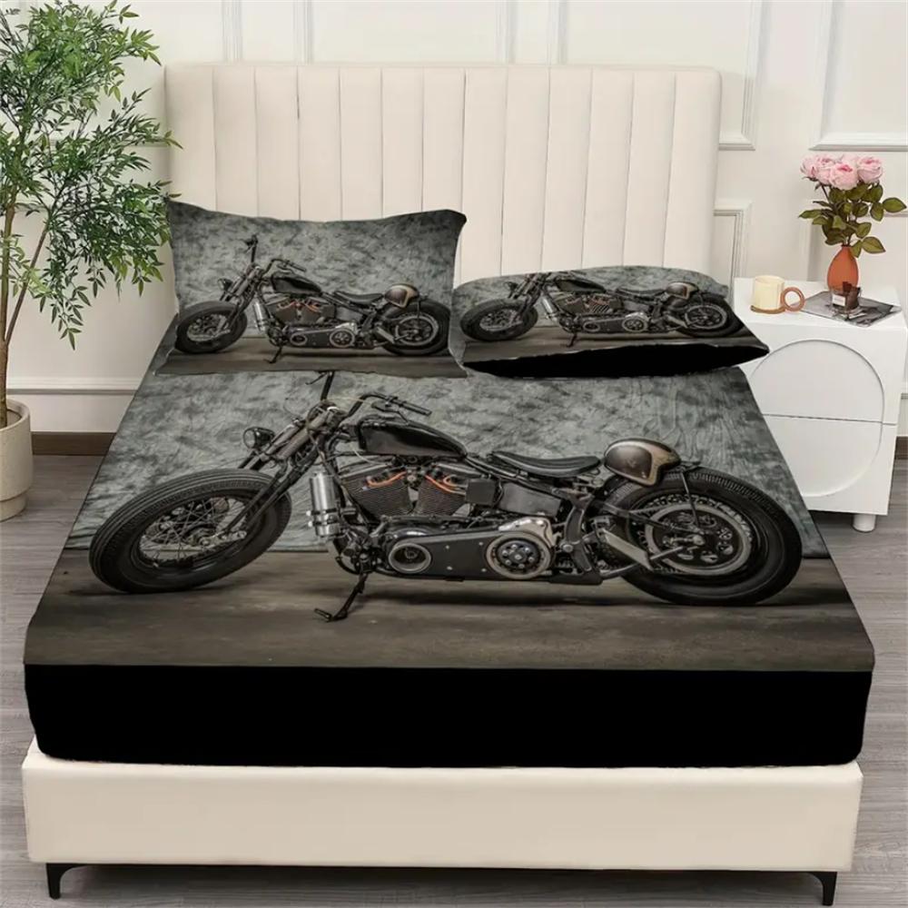 2/3pcs Vintage Black Motorcycle Fitted Sheet Set - Soft, Breathable, Retro Mattress Covers with Deep Pocket - Perfect